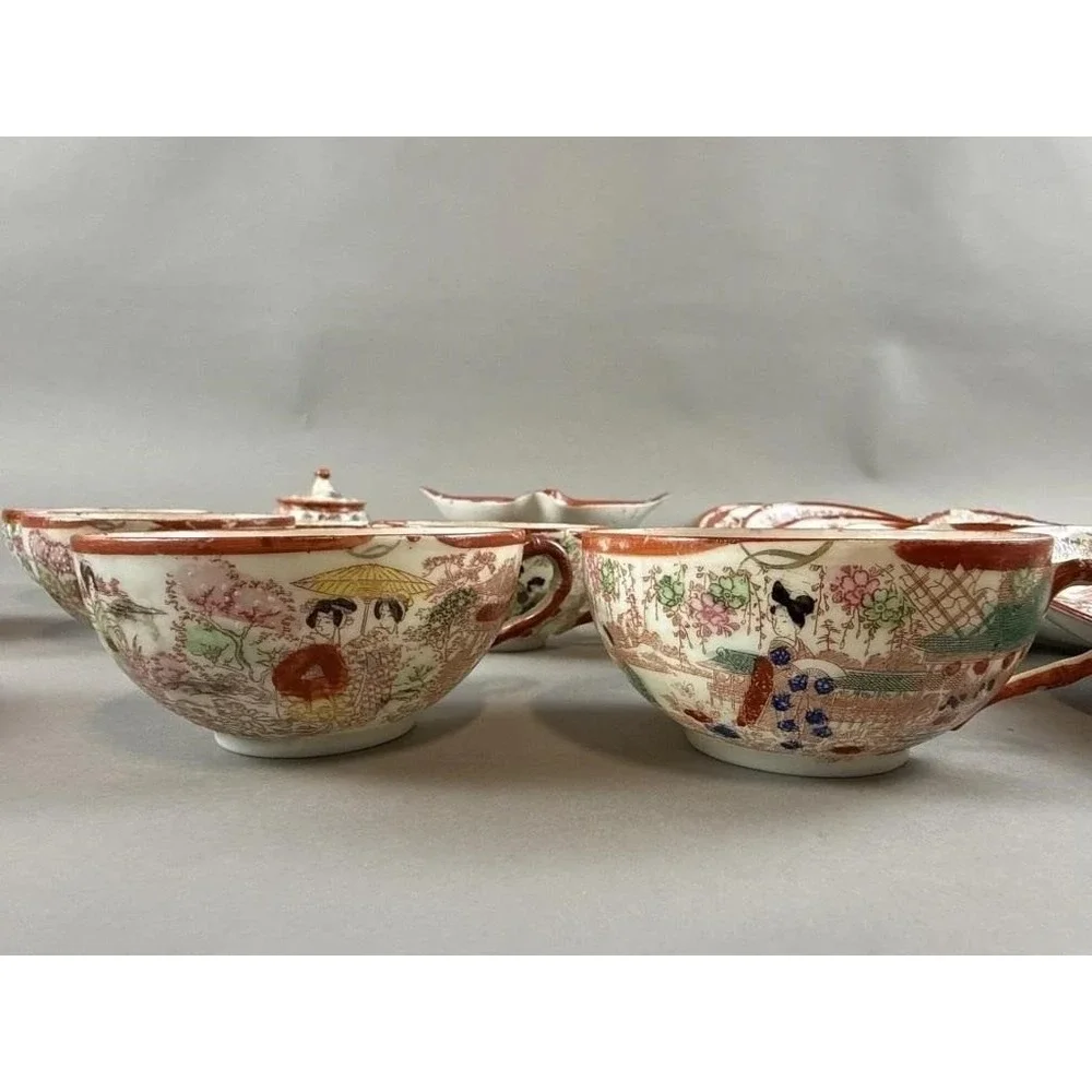 Vintage Japanese Geisha Hand Painted Porcelain Teacup Set of 2 Kutani Style
